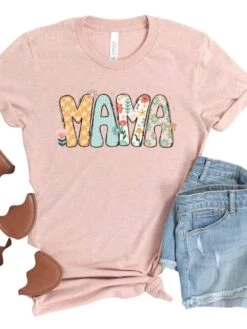 Floral Mama Graphic T-Shirt -Little Loom Store Mama Floral Heather Prism Peach