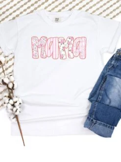 Preppy Pink Floral Mama Comfort Colors Mom Graphic T-Shirt 14 Preppy Pink Floral Mama Comfort Colors Mom Graphic T-Shirt -Little Loom Store Mama Pink White2