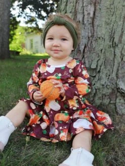 Pumpkins Please Burgundy Long Sleeve Girls Fall Skater Dress -Little Loom Store MaroonFloralPumpkinDress