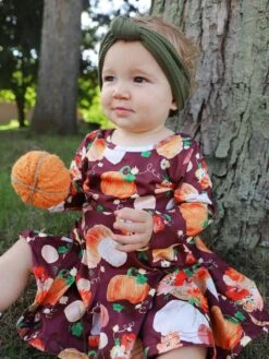 Pumpkins Please Burgundy Long Sleeve Girls Fall Skater Dress -Little Loom Store MaroonFloralPumpkinDress2