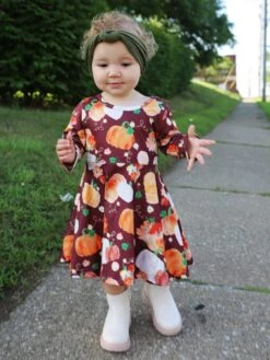 Pumpkins Please Burgundy Long Sleeve Girls Fall Skater Dress