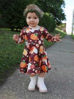 Pumpkins Please Burgundy Long Sleeve Girls Fall Skater Dress -Little Loom Store MaroonFloralPumpkinDress5