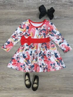 Mouse In Love Girls Red Bow Long Sleeve Dress