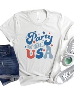 Party In The USA Patriotic 4th Of July Patriotic Graphic T-Shirt -Little Loom Store PartyintheUSASilver