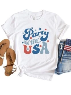 Party In The USA Patriotic 4th Of July Patriotic Graphic T-Shirt -Little Loom Store PartyintheUSAWhite