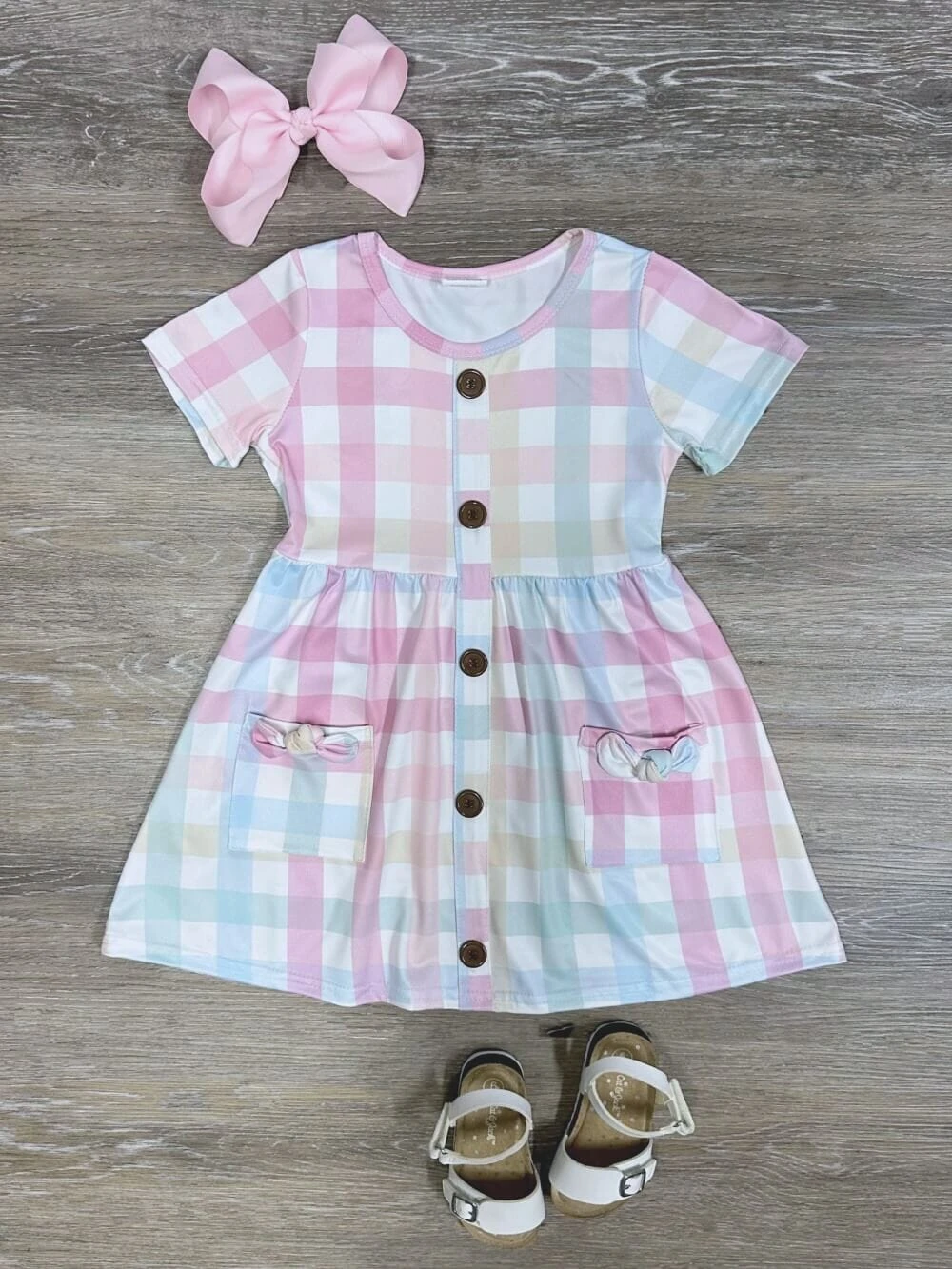 Pastel Plaid Girls Short Sleeve Pocket Dress 3 Pastel Plaid Girls Short Sleeve Pocket Dress
