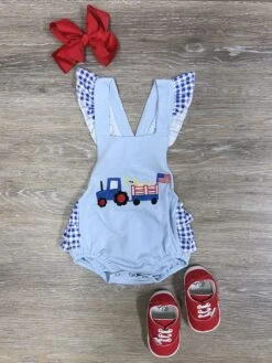 Patriotic Tractor Pull Girls 4th Of July Baby Bubble Romper -Little Loom Store PatrioticTractorPullGirls4thofJulyBabyBubbleRomper