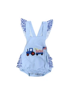 Patriotic Tractor Pull Girls 4th Of July Baby Bubble Romper -Little Loom Store PatrioticTractorPullGirls4thofJulyBabyBubbleRomperWhite