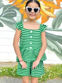 Peplum Ruffle Green Stripe Girls Shorts Outfit
