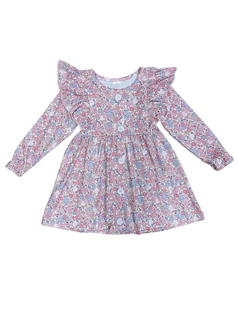 Petite Florals Pink Girls Ruffle Shoulder Long Sleeve Dress 4 Petite Florals Pink Girls Ruffle Shoulder Long Sleeve Dress - Image 2