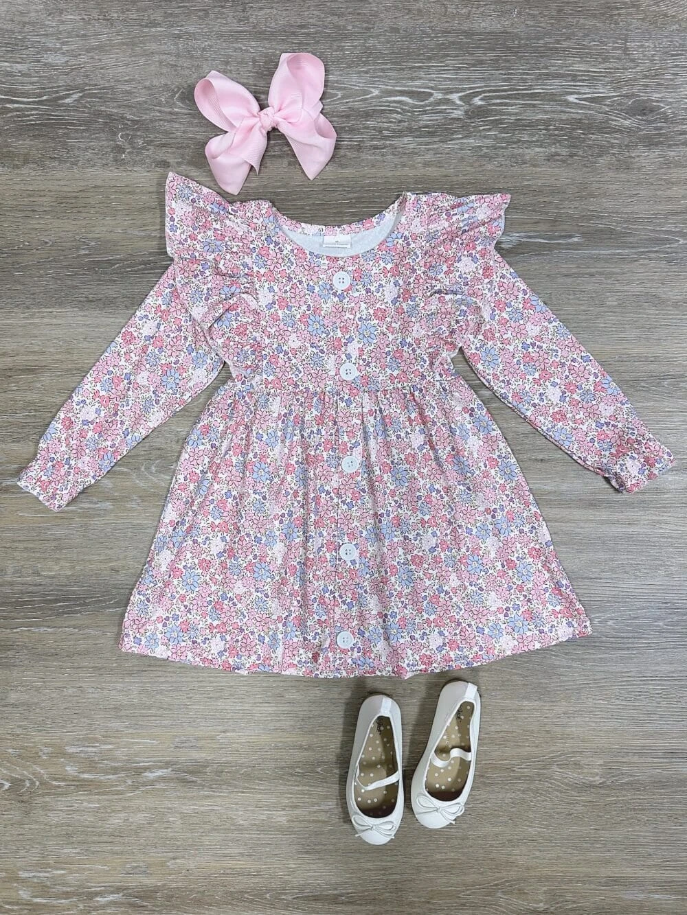 Petite Florals Pink Girls Ruffle Shoulder Long Sleeve Dress 3 Petite Florals Pink Girls Ruffle Shoulder Long Sleeve Dress