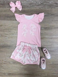 Pink Bows & Florals Girls Flutter Sleeve Top & Shorts Outfit