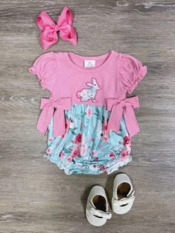 Pink Puff Sleeve Bunny Floral Girls Baby Bubble Romper