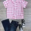 Pink & White Patchwork Plaid Boys Button Up Top -Little Loom Store Pink White Patchwork Plaid Boys Button Up Top