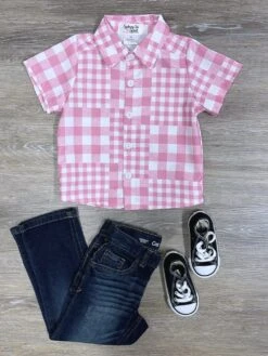 Pink & White Patchwork Plaid Boys Button Up Top