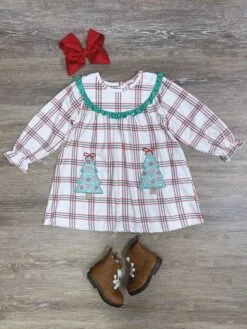 Plaid Perfect Ruffle Trim Girls Christmas Tree Dress