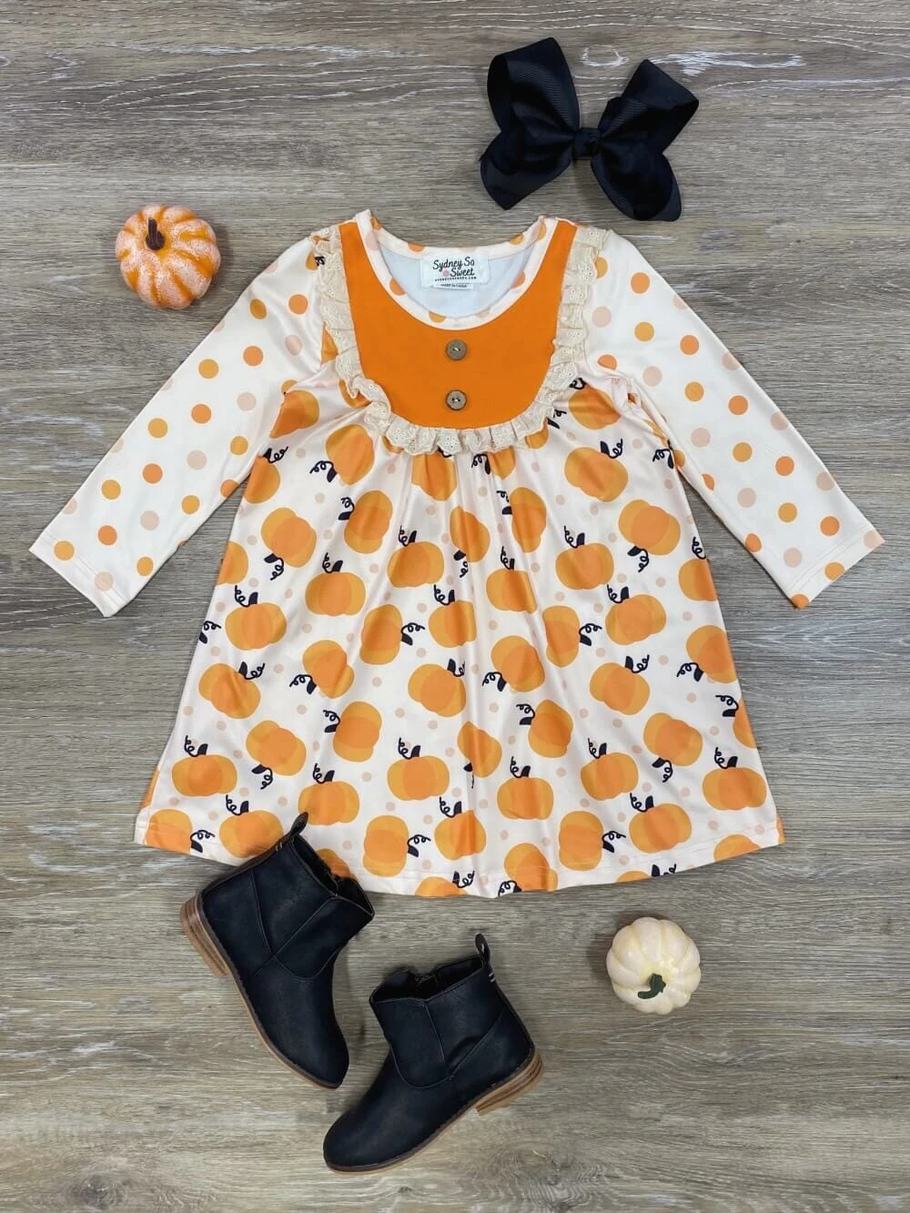 Polka Pumpkin Girls Long Sleeve Dress 3 Polka Pumpkin Girls Long Sleeve Dress