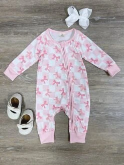 Pretty Pink Coquette Bows Girls Zip Up Baby Romper