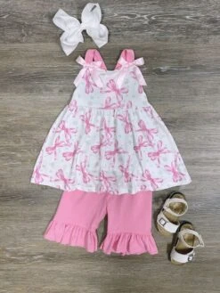 Pretty In Pink Bow Print Girls Shorts Outfit