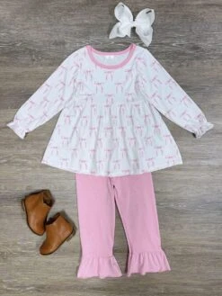 Pretty In Pink Bow Tunic & Ruffle Trim Pants Girls Outfit