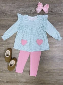 Pretty In Pink & Blue Girls Long Sleeve Heart Tunic Leggings Outfit