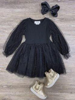 Puff Sleeve Black With Gold Girls Chiffon Tutu Dress