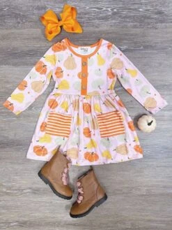 Pumpkin Season Orange Striped Pocket Girls Dress