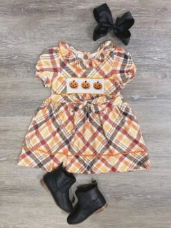 Pumpkins & Plaid Girls Puff Sleeve Fall Dress
