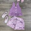 Purple Gingham & Coquette Bow Girls Shorts Outfit