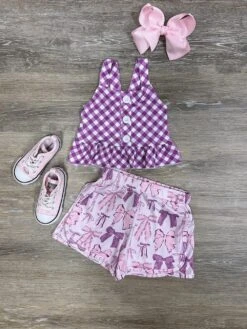 Purple Gingham & Coquette Bow Girls Shorts Outfit