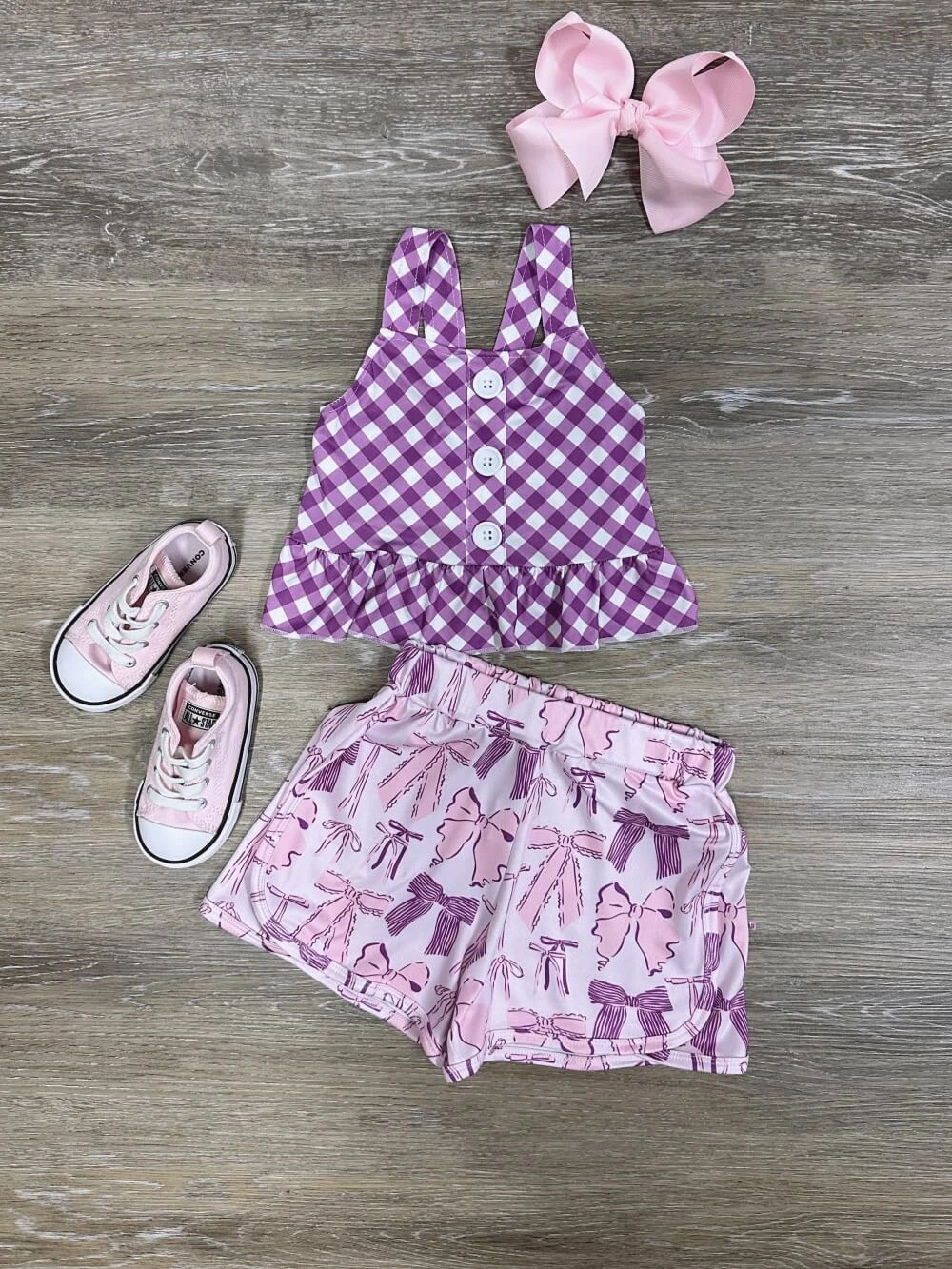 Purple Gingham & Coquette Bow Girls Shorts Outfit 3 Purple Gingham & Coquette Bow Girls Shorts Outfit