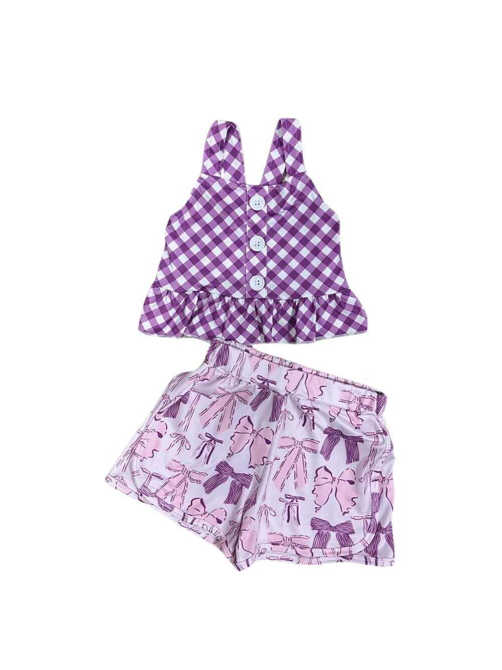 Purple Gingham & Coquette Bow Girls Shorts Outfit 4 Purple Gingham & Coquette Bow Girls Shorts Outfit - Image 2