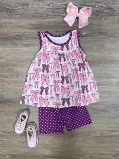 Purple And Pink Coquette Bow Print Girls Shorts Outfit