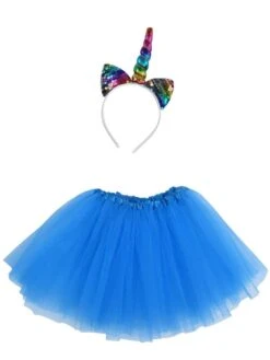 Girls Rainbow Unicorn Costume - Complete Kids Costume Set With Tutu & Sequin Unicorn Headband Horn -Little Loom Store RainbowUnicornTurquoiseCostume