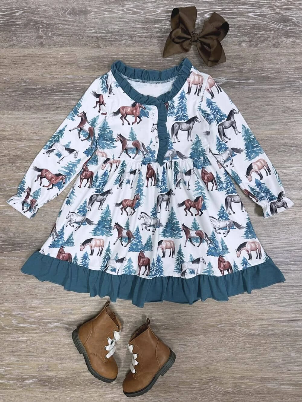 Ranch Life Girls Blue Ruffle Trim Horse Long Sleeve Dress 3 Ranch Life Girls Blue Ruffle Trim Horse Long Sleeve Dress
