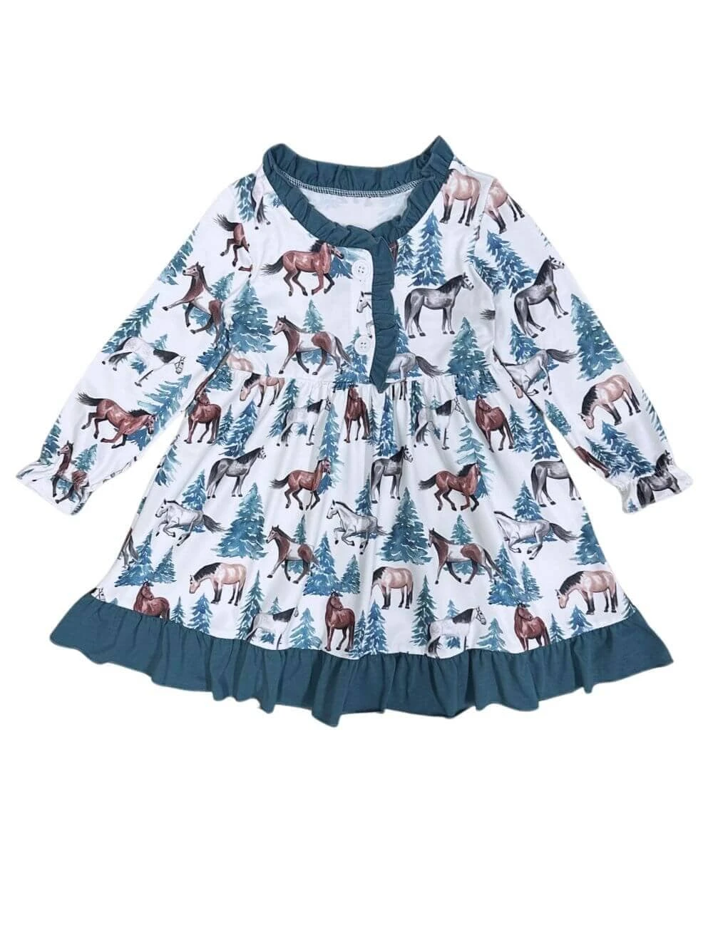 Ranch Life Girls Blue Ruffle Trim Horse Long Sleeve Dress 4 Ranch Life Girls Blue Ruffle Trim Horse Long Sleeve Dress - Image 2