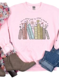 It's A Good Day To Read A Book Women's Long Sleeve Graphic Sweatshirt -Little Loom Store Read Book Light Pink