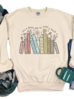It's A Good Day To Read A Book Women's Long Sleeve Graphic Sweatshirt -Little Loom Store Read Book Sand