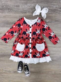 Red & Black Mouse Ruffle Trim Pocket Girls Dress