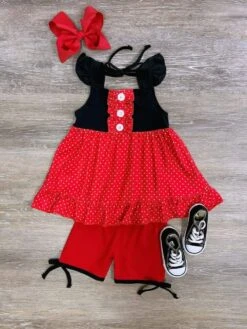 Red & Black Princess Flutter Sleeve Tunic Girls Shorts Outfit