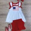 Red, White & Cute Girls Patriotic Ruffle Shorts Outfit 1 Red, White & Cute Girls Patriotic Ruffle Shorts Outfit -Little Loom Store Red White CuteGirlsPatrioticRuffleShortsOutfit