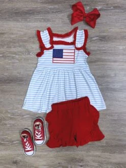 Red, White & Cute Girls Patriotic Ruffle Shorts Outfit