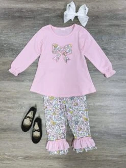 Retro Pink Floral Girls Long Sleeve Bow Top & Pants Outfit