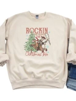 Rockin' Around The Christmas Tree Heavy Blend Unisex Crewneck Graphic Sweatshirt -Little Loom Store Rockin Around Sand