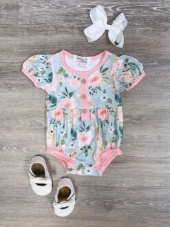 Rose Garden Pink Bunny Floral Baby Girls Romper