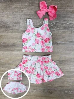 Rosy Hot Pink Florals Girls Tankini & Skort Swim Or Yoga Set