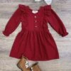 Rusty Red Waffle Knit Girls Ruffle Trim Long Sleeve Dress -Little Loom Store RustyRedGirlsRuffleTrimLongSleeveDress