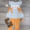 Sage Gingham Plaid Girls Pumpkin Tunic & Ruffle Pants Outfit 1 Sage Gingham Plaid Girls Pumpkin Tunic & Ruffle Pants Outfit -Little Loom Store SageGinghamPlaidGirlsPumpkinTunic RufflePantsOutfit