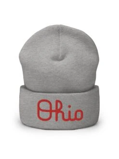 Script Ohio Embroidered Cuffed Unisex Beanie Hat -Little Loom Store Script Ohio on Gray