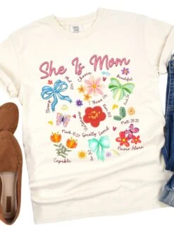 She Is Mom Floral Christian Mom Graphic T-Shirt -Little Loom Store She is Mom Ivory